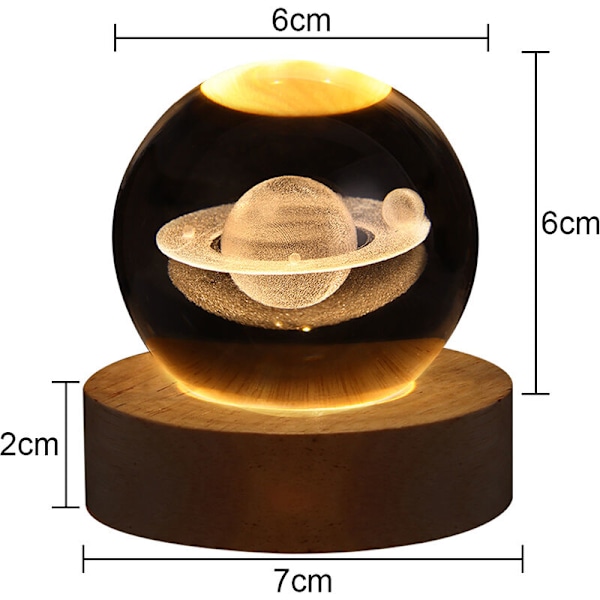 Kristallkula nattlampa varmt vitt nattljus träbas Saturnus