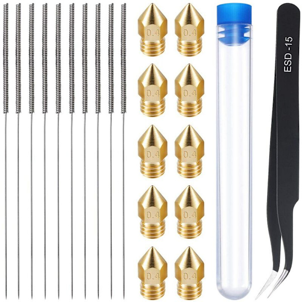 21 stykker 3D-printerdyse og rengøringssæt 0,4 mm Mk8-dyser 0,4 mm nåle