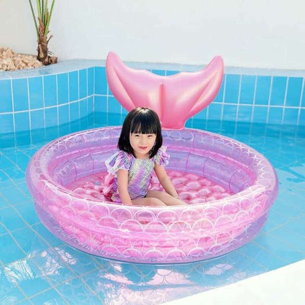 Oppustelig Pool, Oppustelig Havfrue Svømmebassin Hjem Børn Baby Pink Rund Svømmebassin Flydende Luftpude (120cm)