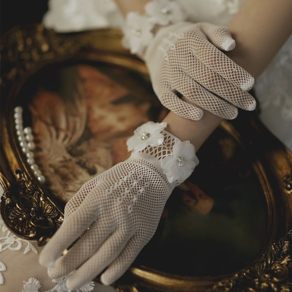 Mesh handskar med två blommor, prinsesshandskar för flickor, ursnygga kostymhandskar i satinklänning, formella enfärgade handskar för bröllopsbankett för kvinnor