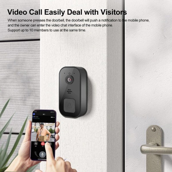 Videodørklokke Kamera Dørklokke Smart Dørklokke Nem Installation Understøtter 2.4G Wifi Sort