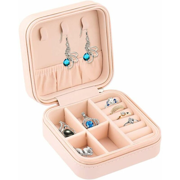 Rejse smykkeskrin PU lille smykkeskrin kvinder børn piger ring arrangør øreringe halskæder øre armbånd, 10 x 10 x 5 cm (Pink)