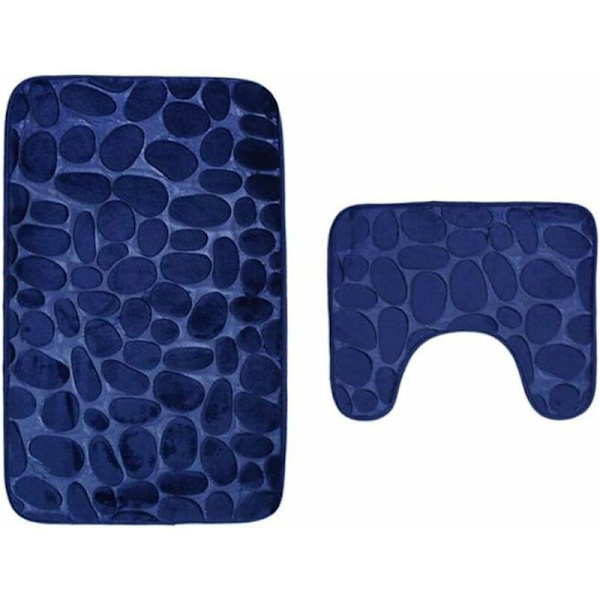 Toalettmatta och badrumsmatta, 2 delar, mikrofiber, polyester, halkfri gummibaksida, snabbtorkande (marinblå) - Fei Yu