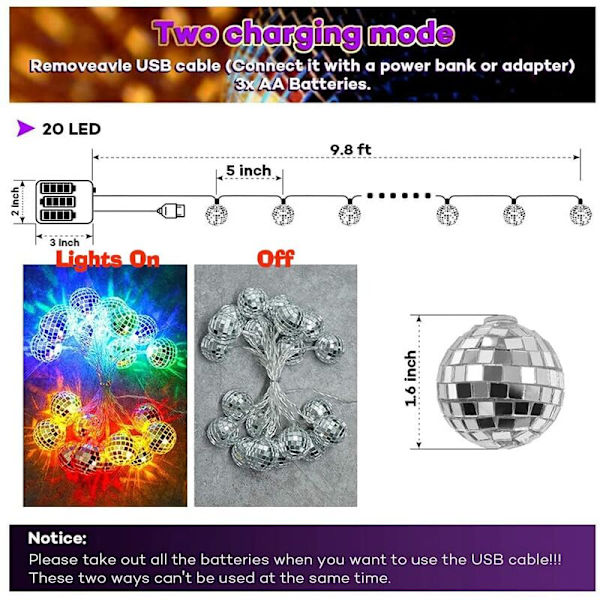 20 LED Discokugle-lysstreng til fest, væg, vindue, træ, festdekoration, have, børneværelse, stue, kollegieværelse (multifarvet)