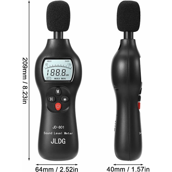 Lydnivåmåler, 30-130dB Digitalt lydnivåmåler med maks/min/sanntidsdata Hold-funksjon, Profesjonell høy presisjon desibelmåler