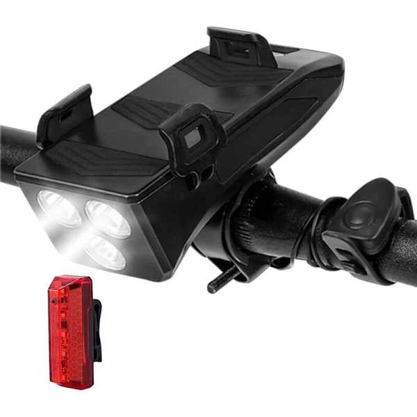 4 in 1 Multifunctional Bike Light Set with USB Rechargeable LED Bicycle Headlight and Taillight Black