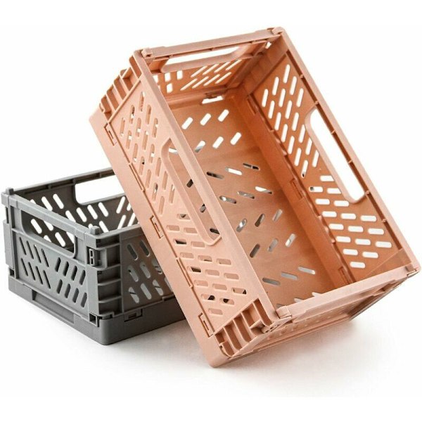Sæt med 2 sammenklappelige plastkasser - Robuste opbevaringskasser til køkken, soveværelse, kontor (Pink + Grå, 22 x 15 x 9 cm)