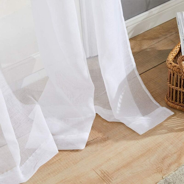 Korte, halvt transparente gardiner med øjer i linnelook - gardiner, slør til stue, soveværelse, børneværelse, hvid 220×140cm (H×B