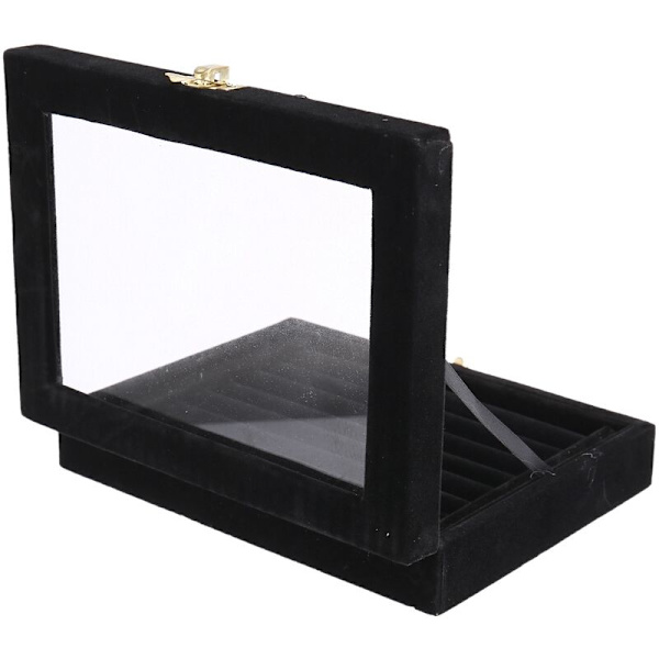 Fløjlsglas Ring Øreringe Display Opbevaringsboks Bakkeholder Organizer Etui, Sort