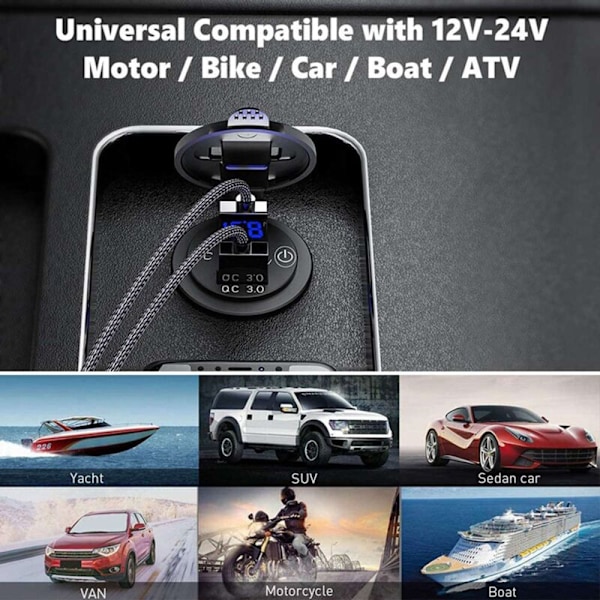 Dual Port USB-billader for biluttak QC3.0 12V/24V ladeadapter med LED digital voltmeter berøringssvitsj A