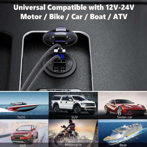 Dual Port USB Biloplader Socket QC3.0 12V/24V Opladningsadapter med LED Digital Voltmeter Touch Switch A