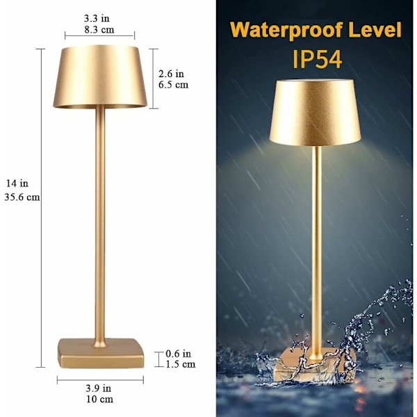 Trådlös bordslampa, 5200 mAh dimbar laddningsbar sladdlös lampa, IP54 vattentät utomhuslampa, för inomhus utomhus restaurang buffé bar café, guld