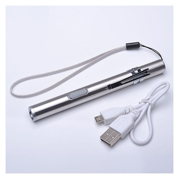 3-pack USB-uppladdningsbar mini LED-ficklampa, rostfritt stål vattentät ficklampa med klämma + USB-kabel för mekaniker, sjuksköterska, läkare