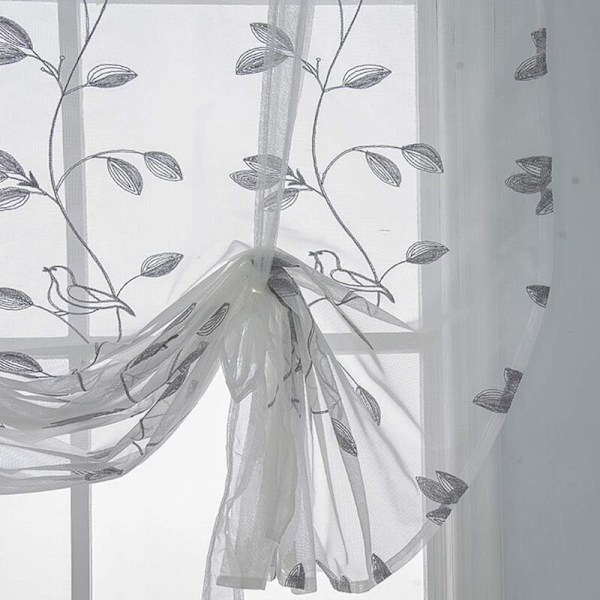 Fugle og Blade Mønster Gardiner, Broderet Sheer Voile Gardiner, Ballon Gardiner, Stanglommer, Vindue Gardiner og Gardiner til Køkken, Soveværelse, 6