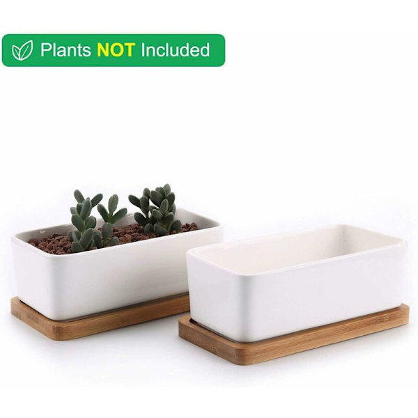 17 cm keramisk suckulentkruka med vit bambu-bricka, set med 2, kaktusväxtkruka, kruka, planteringsbehållare, present till födelsedag, bröllop