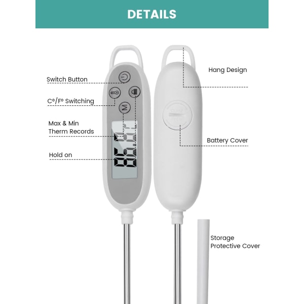 Digitalt kødtermometer, madtermometer Øjeblikkelig tilberedning IP65 vandtæt, 141 mm sondetermometer til stegning, bagning, mælk (batteri inkluderet)