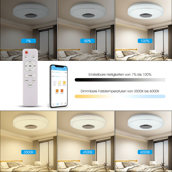 LED Taklampe, Taklampe med Bluetooth-høyttaler, 38W Flush Mount Taklampe RGB Fargeendring Musikk LED Taklampe med App og Fjernkontroll