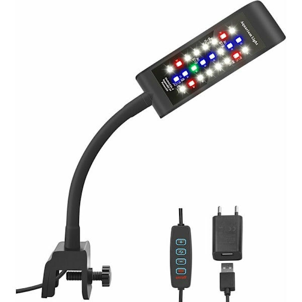 LED Klipslampe til Akvarium, [RGB+Hvidt Lys] 10 Lysstyrke Niveau Dæmper, Akvarium Klipslampe til 20-30CM Fiskekum og Vandplanter, Sort