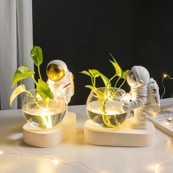 Ny glasvase harpiks astronaut ornamenter blomster vaser hydroponics desktop dekor vase LED lys ornamenter A