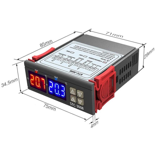 Dubbel digital display termostat temperaturregulator med dubbel NTC-prob reläutgång, DC 24V - DC 24V