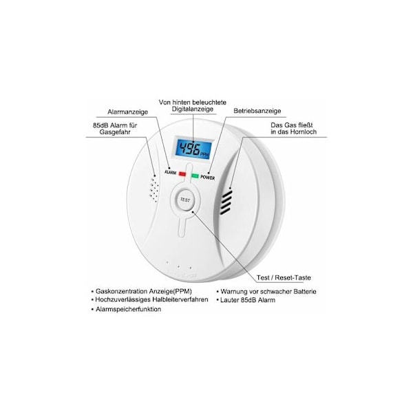 Kulmonoxiddetektor - CO Alarm - Kulmonoxidalarm - LCD Display - 85DB Høj Alarm - Testskift