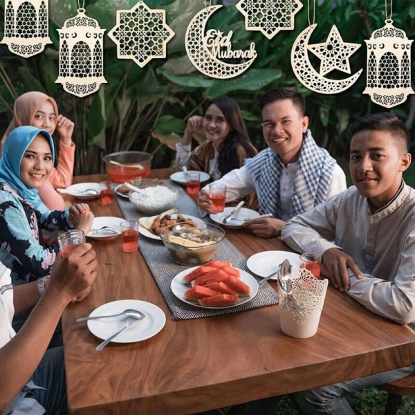 9 st serie trähänge prydnad Ramadan ihålig dekoration måne stjärna vindljus formhänge prydnad Eid festdekorationer