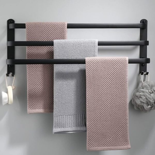 Vægmonteret Håndklædeholder i Aluminium - 3 Lag - 60cm - Vandafvisende - Sort - Velegnet til Badeværelse, Køkken, Toilet
