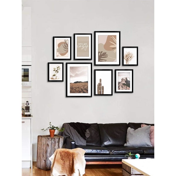 8-delers svart nøytralt galleri veggrammesett Dekorative kunstutskrifter Svart fotoramme Collage veggkunstdekor Egnet til hjemmedekorasjon