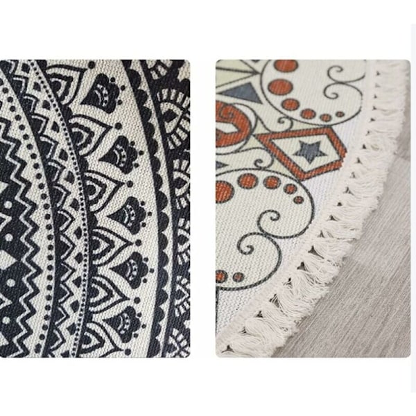 Käsinkudottu pyöreä puuvillamatto Mandala-kuviolla Bohemian Vintage -tyylillä Pomponeilla Konepesu Makuuhuoneelle Käytävään Olohuoneeseen