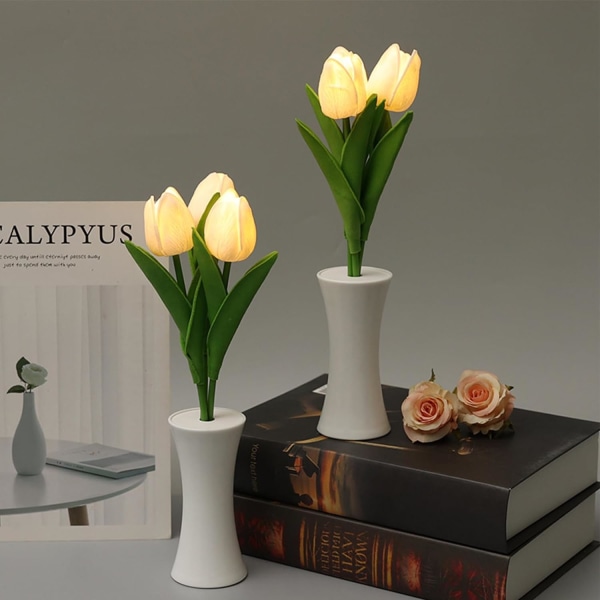2-pakning stilig tulipanblomst bordlampe, 3 stilker White Tulip LED-nattlys, simulering Nattlys i potte Bursdagsfest Bryllupsrom dekor