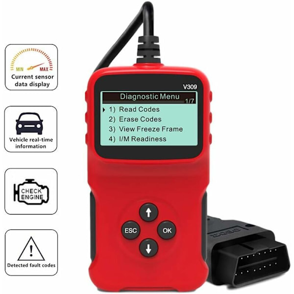 OBD2-diagnostiikkalaitteen skanneri yleismaailmallinen auton diagnostiikkalaitteen virhekoodinlukija-sovitin V309 kaikille OBDII-protokoille, moottorin vikavalon tarkistus, I/M-lukeminen