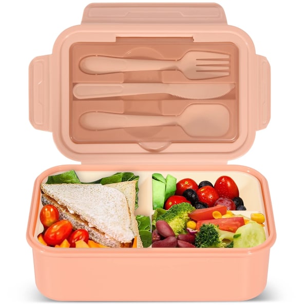 Lunchlåda, 1400 ml bento matlåda för vuxna och barn, 3-fack lunchlåda, matlåda med bestick, diskmaskinsäker, BPA-fri smörgåslåda, rosa