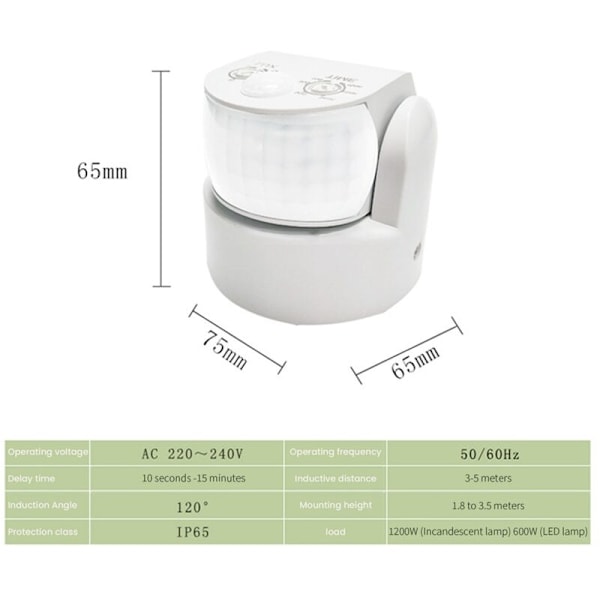 IP65 Vandtæt Infrarød Dobbelt Sensor Bevægelsessensor AC 220V-240V Automatisk PIR Bevægelsesdetektor 120° Sort