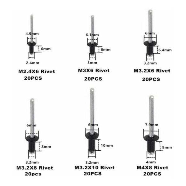 Blindnit, Aluminium Blindnit, Svart Blindnit Kit, Metallnit med Förvaringsväska M2.4/M3.0/M3.2(120st)