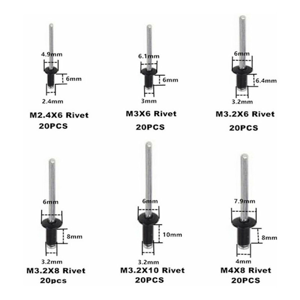Blindnitter, Aluminiumsblindnitter, Sort Blindnitter Kit, Metalnitter med Opbevaringskasse M2.4/M3.0/M3.2(120stk)