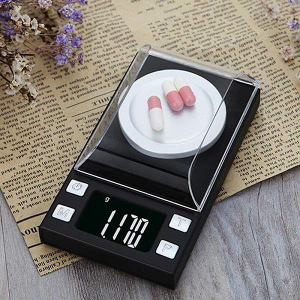 Högprecisions digital elektronisk våg 0,001g, bärbar med LCD-display, perfekt för att väga smycken, guldtabletter, etc. (kapacitet 50 g och noggrannhet