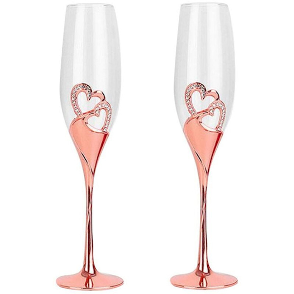 Bryllupschampagneglass med rhinestones-kantede hjertedekorasjoner for bryllup, jubileum og spesielle anledninger C