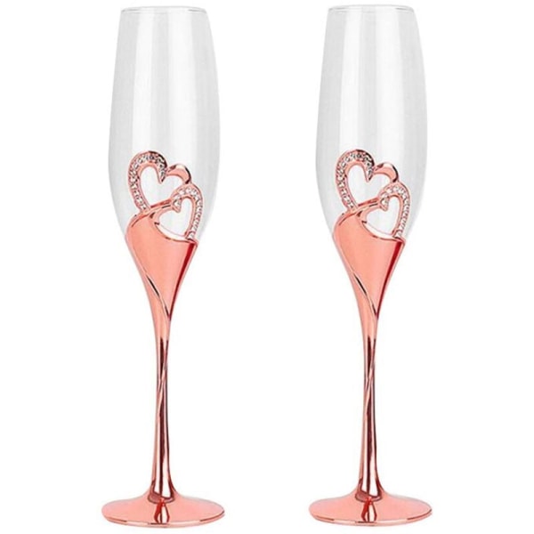 Wedding Champagne Glasses Set with Rhinestone-Edged Hearts Decoration for Wedding, Anniversary and Special Occasions C