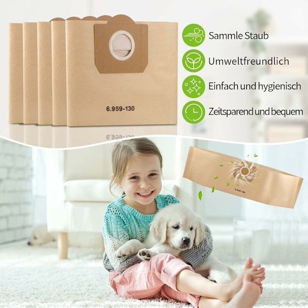 Pölynimuripussit, 20 kappaletta suoria pölynimuripusseja, paperisuodatinpussit, Karcher 6.959-130.0 WD3/WD3P/MV3/A2204/A2204/A2534/SE 4001/SE 4002