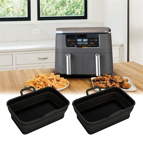 2 Pak Foldbare Silikon Airfryer Foringer til Ninja DZ201/DZ401, Genanvendelige Silikon Tilbehør til Dobbelt Airfryer (Sort)