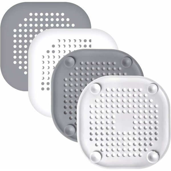 4 stk. Silikon Aftapningsbeskytter, Vaskfilter med Sugkop, Badekar Aftapningsdæksel Filter, Anti-Tilstopning Køkken- og Badeværelsesvaskfilter (Grå, Hvid