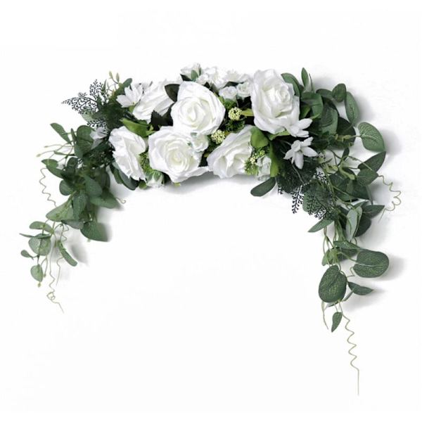 Konstgjord Rosblomma Swag, Faux Swag med Eukalyptusblad för Dörren Bröllopsbåge Spegel Bord Stol Dekoration