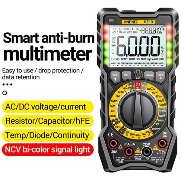 SZ19 Digital Multimeter 6000 Tællinger Multimeter Avometer Transistor Kondensator Tester Professionel LCR Meter (Pro Sort)