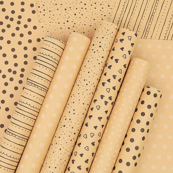 Kraft presentpapper set, 12 ark brunt fläckigt mönstrat prickigt randigt gallerpapper för semesterbröllopsförpackning
