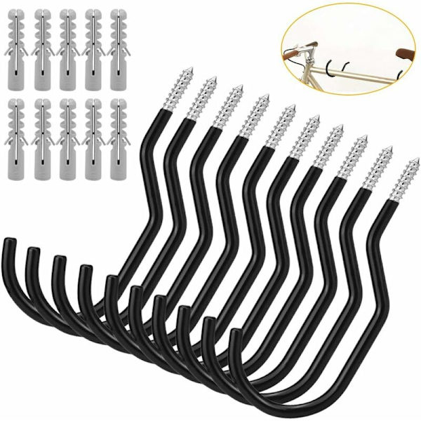10-pack cykelkrokar, cykelupphängningskrokar, stor kapacitet, cykelkrokar, väggmonterade krokar - svart - för vägg- eller takmontering
