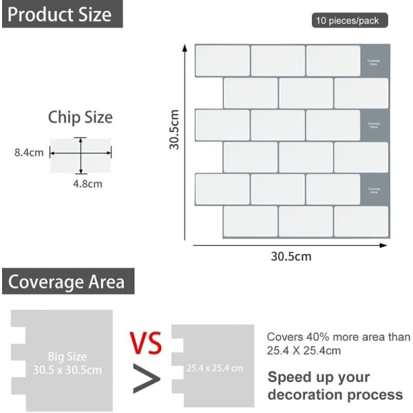 10 stk, hvite T-banefliser, selvklebende fliser, kjøkkenbaderom selvklebende backsplash, 3D murstein vinyl selvklebende papir, 30,5x30,5cm