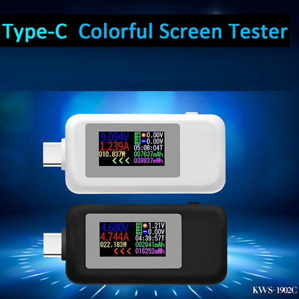 Type-C USB-strømmåler 4-30V USB-C spenning strømtester Timing Amperemeter 10 i 1 USB-C ladefarge skjerm, hvit