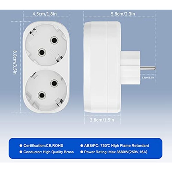 3 kpl pistorasia-adapteria, 2 in 1 kaksois-kolmoispistorasia 16A/250V, 3680W Max monipistorasia kaksoispistorasia EU-pistokeadapteri