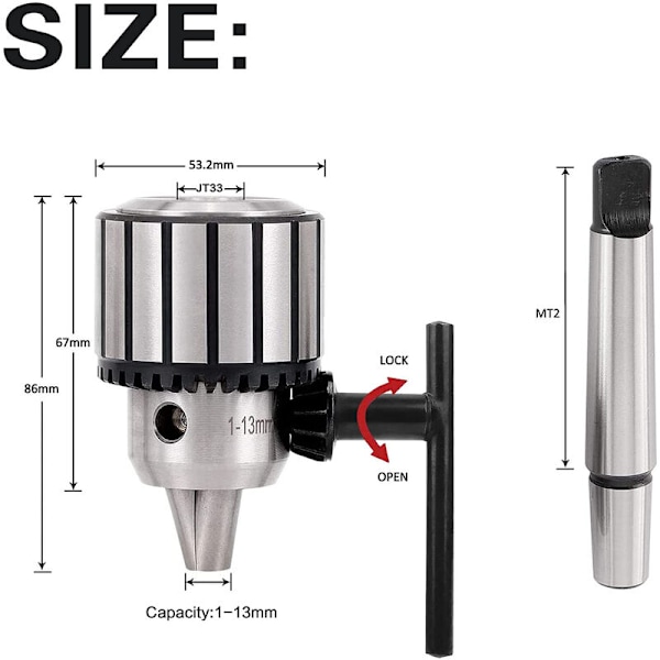 1/2 Tommers Kapasitet Heavy Duty Drill Chuck med MT2 Morse Taper 2 Verktøyholder og K32 Nøkkel (MT2 - JT33 - 13mm)