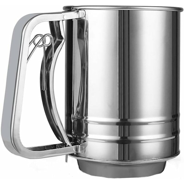 Mjölsikt för bakning i rostfritt stål, liten dubbelsikt med handpressdesign, korrosionsbeständig baksiktkopp för pulveriserat socker